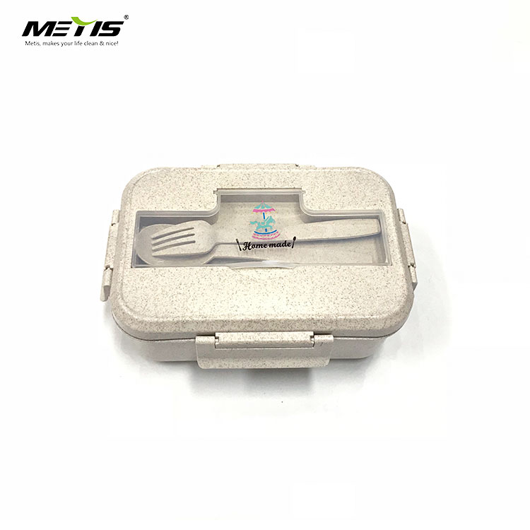 2 compartment plastic divided wheat straw take away lunch box with fork and spoon